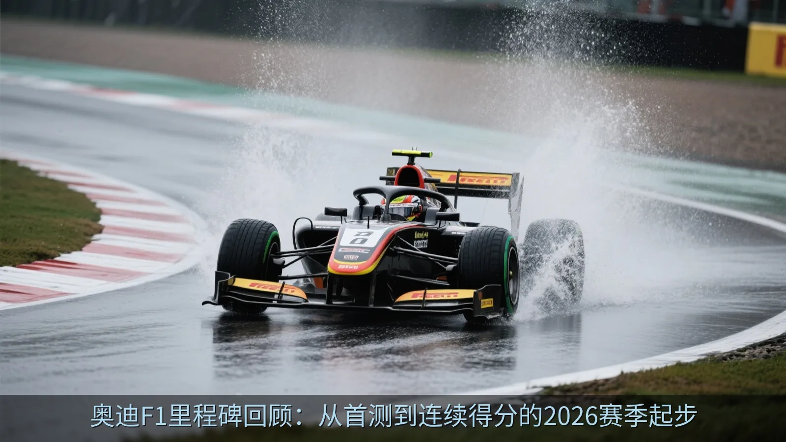 赛车在湿润赛道上通过高速弯角